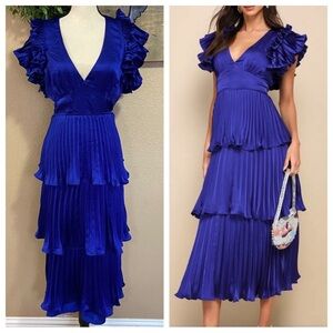 NWOT Lulus Stunning Desire Cobalt Blue Satin Pleated Tiered Midi Dress